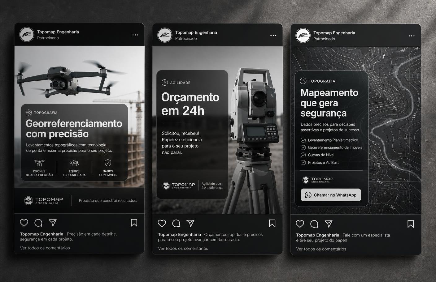 Criativos de anúncios da Meta para empresa de topografia: drone, orçamento em 24h e mapeamento