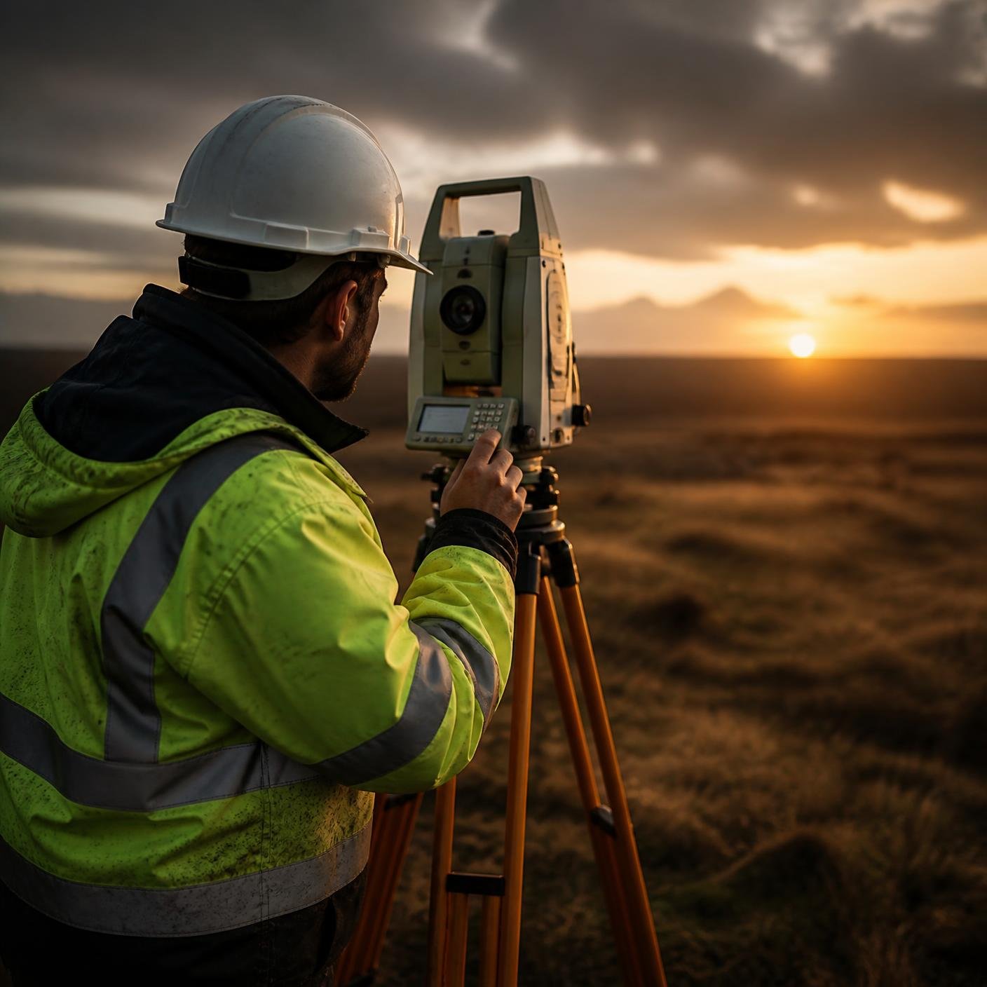 Topógrafo operando estação total em campo