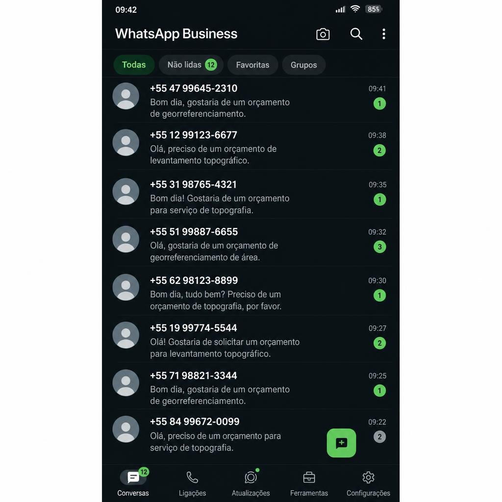 Conversas de clientes pedindo orçamento de topografia no WhatsApp