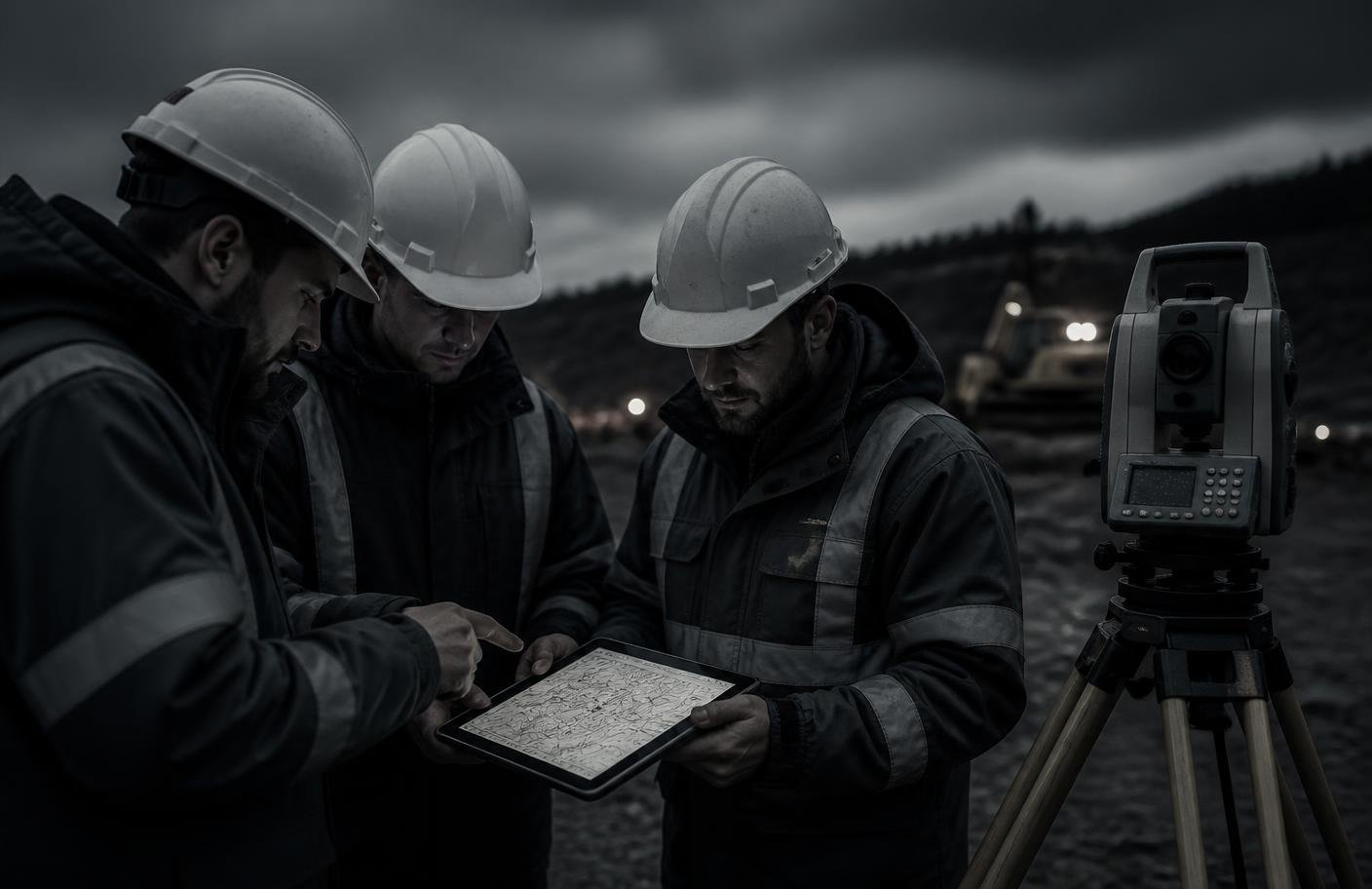 Equipe de topografia em campo revisando mapa em tablet