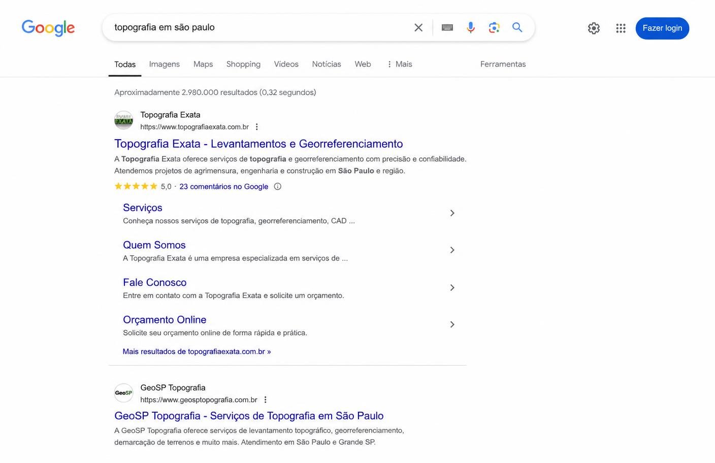 Resultado do Google com site de topografia em primeiro lugar para a busca topografia em São Paulo