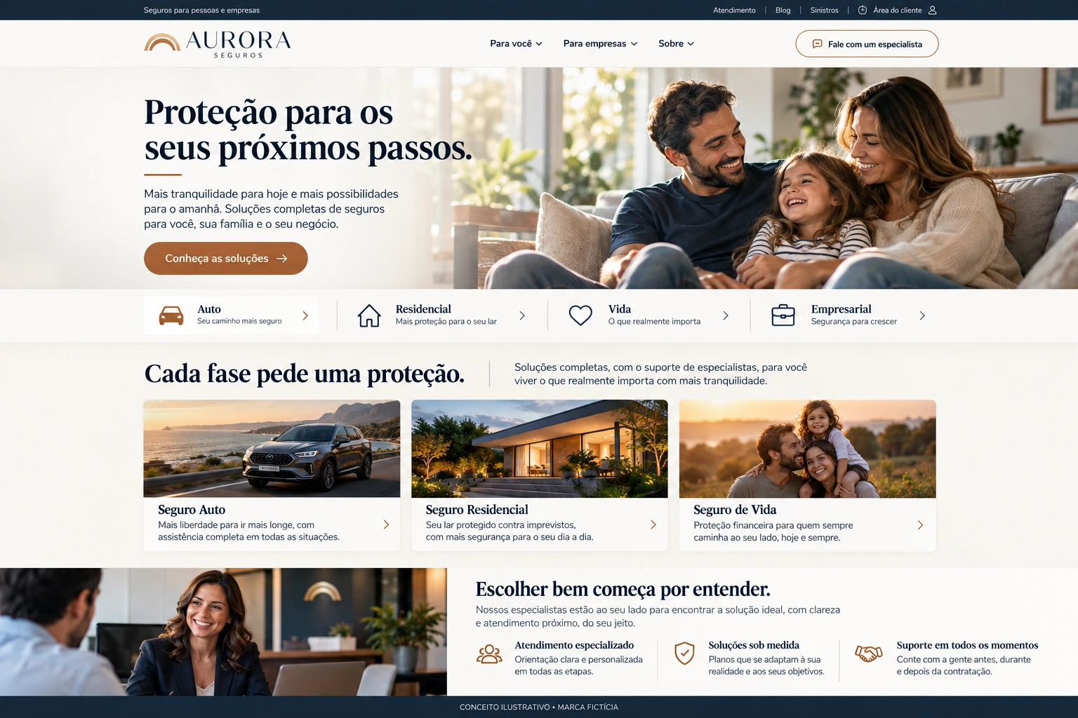 Conceito de site para corretora de seguros com produtos, apresentação e atendimento