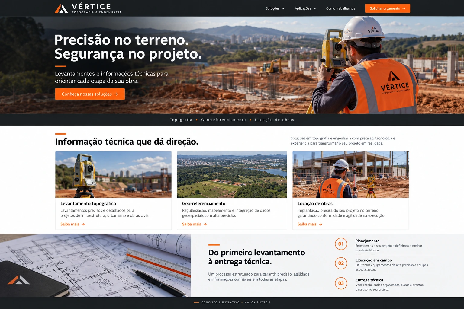 Conceito visual de site de engenharia e topografia: Vértice Engenharia, com cabeçalho, serviços e apresentação